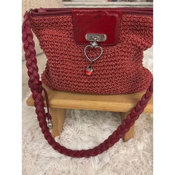 Brighton Vintage Red Straw Handbag With Heart Charm & Leather Braided Strap - Picture 9 of 11